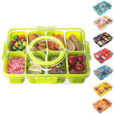 Dingerjar divided serving tray with lid and handle for organized snacks on the go.