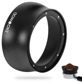 Dioomod 54mm magnetic dosing funnel locks onto espresso handle for a secure pour