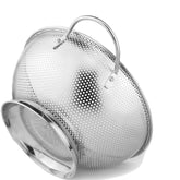 DLD stainless steel colander with heavy handles and micro-perforations for fast drainage.