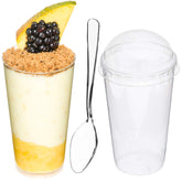 DLux 50x3oz mini dessert cups with lids and spoons for tastings and elegant desserts.