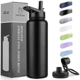 DOMICARE 40oz insulated bottle shown from the front with a sleek black finish for all-day hydration.