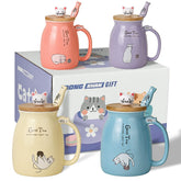 DONGSHANGIFT cute cat mug with blue lid and fish spoon for cozy mornings.