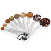 Doosu measuring spoons collection showing nine-piece set for precise measurements.