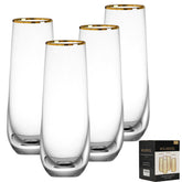DORELINA stemless champagne flutes with gold rim for elegant toasts.