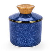 Dowan French Butter Crock with blue glaze and lid keeps butter fresh at room temperature