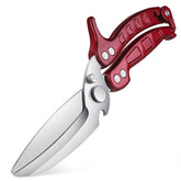 Dragon Riot heavy-duty poultry shears blade close-up showing sharp German stainless steel edge for tough cuts.