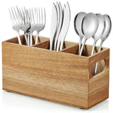 DRASTAR silverware holder in acacia wood close-up, showing natural grain and warmth.