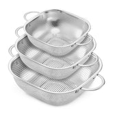 E-far 3-pack square colanders in brushed steel for versatile kitchen draining.