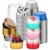 Eaasty 120-piece aluminum cupcake cups with lids in multicolor, ideal for bake-and-serve desserts.