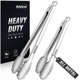 Eddeas all-metal cooking tongs showing heat resistance up to 600 degrees for high-heat tasks