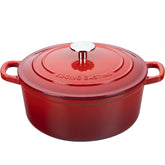 Edging Casting 7qt red Dutch oven with lid for even heat distribution.