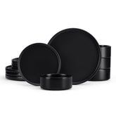 E-far stoneware dinnerware plates and bowls in matte black for everyday meals and easy cleanup.