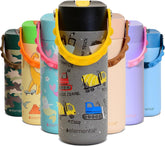 Elemental insulated kids bottle with straw lid keeps drinks cold and mess-free.
