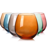 ELERGIFTS amber stemless wine glass highlights warm color for festive entertaining.