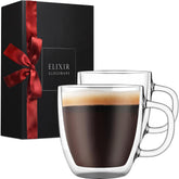 Elixir Glassware 16oz double-wall mug set 2, insulated for hot beverages.