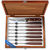 Emojoy 8-piece steak knives in a sleek wooden box for a stylish table setting.