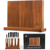 ENOKING double-sided magnetic knife block keeps knives within reach on the counter.