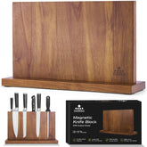 ENOKING extra large acacia knife block front view showing secure magnetic storage for blades.