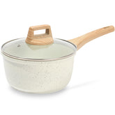 ESLITE LIFE nonstick sauce pan with lid shows easy release and simple cleanup.