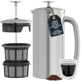 Espro P7 front view in brushed stainless steel highlights premium build for home brewing.