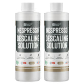 Essential Values descaling solution bottle being poured for coffee machine cleaning.