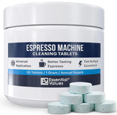 Essential Values espresso cleaning tablets 30-count pack shot for limescale removal