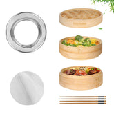 Essovee 2-tier bamboo steamer over pot for efficient multi-item cooking.