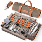 Etens travel bartender kit with waxed canvas bag and tools, ready for on-the-go cocktail crafting.