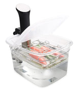 EVERIE 12-quart sous vide container with collapsible lid for easy water checks during cooking.