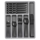 EWFEN 49-piece black silverware set with drawer organizer for easy dining setup