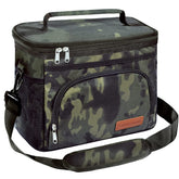 ExtraCharm insulated lunch bag top view in black camo with compact carry.