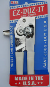 EZ-DUZ-IT can opener white front view showing sturdy swing design for smooth opening.