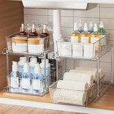 Fabspace 2-tier pull-out organizer in clear bathroom design for quick access.