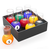 Fairly Odd Novelties billiards shot glasses on colorful pool-ball bases, perfect for pool nights.