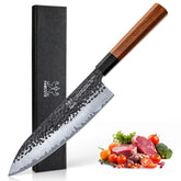 FAMCÜTE 8-Inch Japanese knife blade close-up highlights a razor edge for precise slicing.