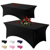 Famstar 6ft black spandex tablecloth drapes smoothly for a neat, wrinkle-free banquet setup.