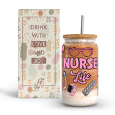 Fancyfams nurse cup glass 16oz with lid and straw for on-the-go hydration