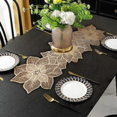 FAVE gold flower-shaped table runner, 36in, adds festive elegance to weddings or banquets.