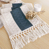 FEXIA Boho Blue table runner with tassels enhances macrame decor.