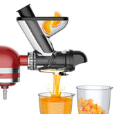 Fgreeble masticating juicer attachment main body on KitchenAid, compact design for space-saving juicing.