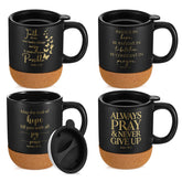 FillTouch christian coffee mug with lid and cork bottom protects surfaces and preserves heat.