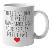Find Funny Gift Ideas mug front view showcases the bold snoring humor for couples.
