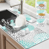 Findosom teal floral dish drying mat for quick countertop drying