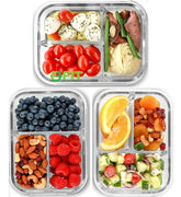 FIT Strong & Healthy glass meal prep container with 3 compartments, ideal for portion-controlled lunches