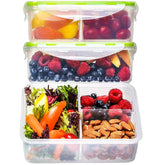 FIT Strong & Healthy bento box with three compartments showing organized meal portions.