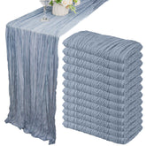 Fivenl dusty blue cheesecloth table runner with soft drape for elegant wedding tables