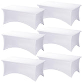 Fixwal 6 Pack Table Cover on folding table, quick setup and wrinkle resistance.