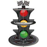 Fjoron 3-tier race car cupcake stand showcases bold dashboard pattern for stylish party desserts.