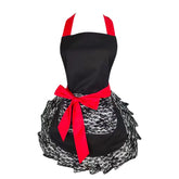 Floosum Black Lace Flirty Apron with Pocket front view highlights chic lace and handy pocket for cooking