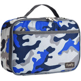 FlowFly kids lunch bag in blue camouflage, opened to show insulated lining for fresh meals.